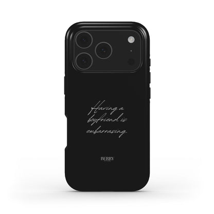 Trendy black phone case with elegant white script text, showcasing a stylish and feminine aesthetic perfect for a popular girly look.