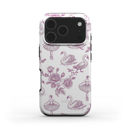 Trendy phone case with a feminine flerfarvet pattern featuring pink swans, ballerinas, and roses on a white background, perfect for that girl aesthetic.
