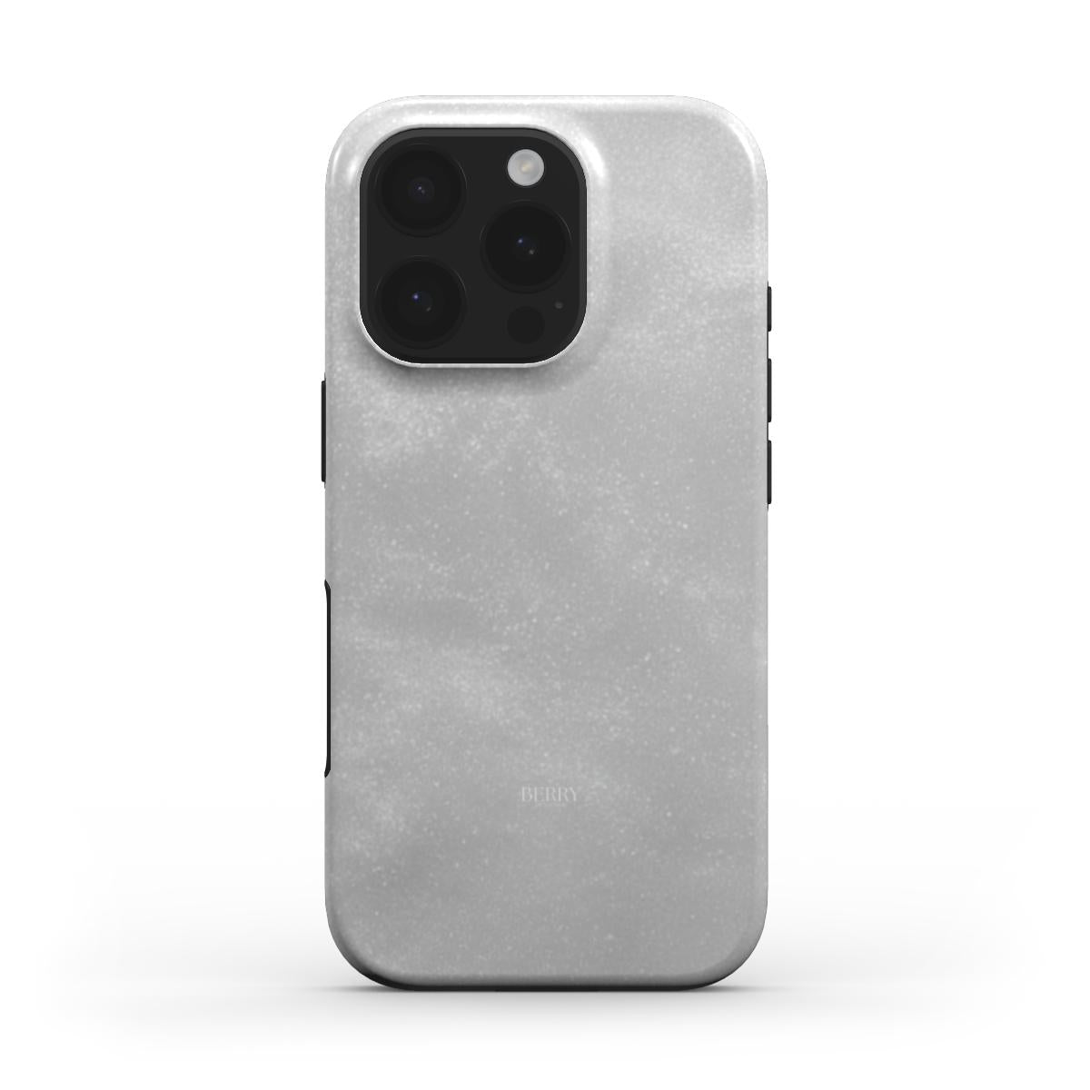 Trendy feminine phone case in dreamy white with subtle silver and gray patterns, offering a stylish and beautiful look for that girl who loves aesthetic elegance.