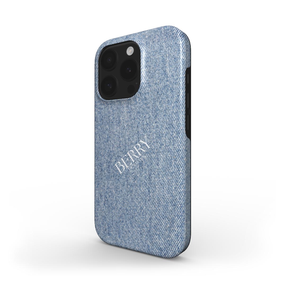 Trendy blue denim phone case with a feminine girly style, featuring a popular aesthetic perfect for that beautiful, stylish look.