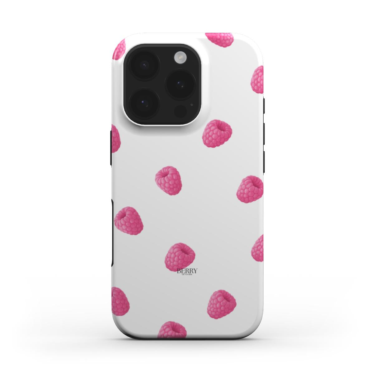 White phone case with a trendy pink raspberry pattern, combining feminine and aesthetic vibes for a popular, girly accessory.