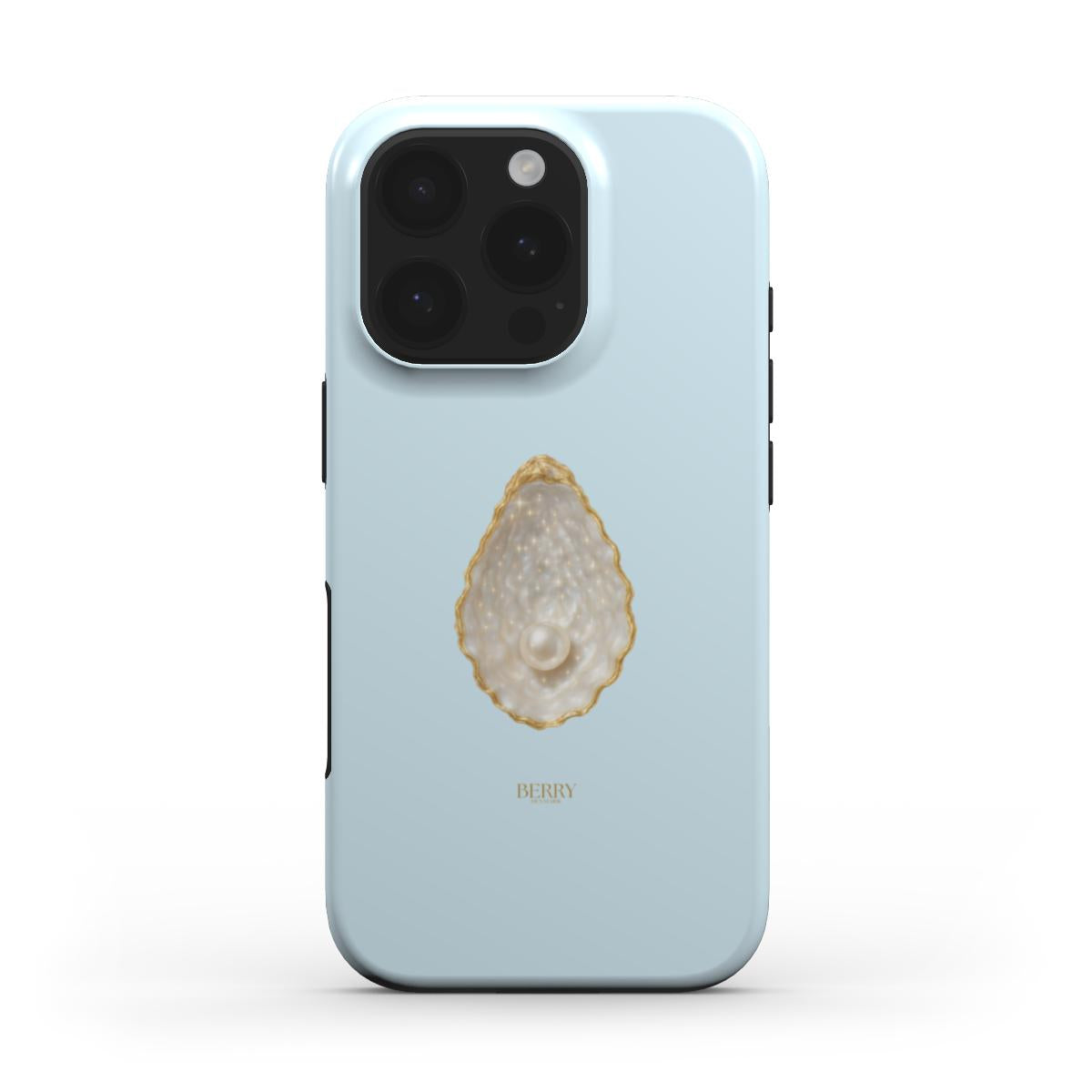 Trendy feminine light blue phone case with a stylish multicolored pearl and gold shell design, perfect for a beautiful, girly aesthetic.