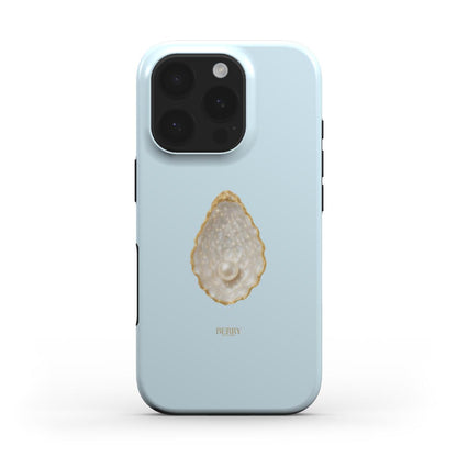 Trendy feminine light blue phone case with a stylish multicolored pearl and gold shell design, perfect for a beautiful, girly aesthetic.