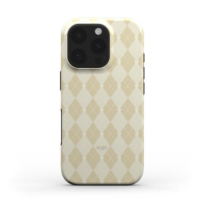 Trendy beige and multicolored argyle patterned phone case with a stylish feminine design for a beautiful and popular aesthetic look.