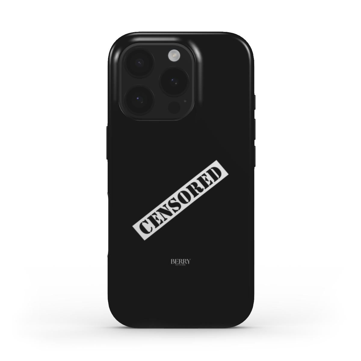 Trendy black phone case with a bold white "CENSORED" print, featuring minimalist style perfect for a feminine and popular aesthetic.