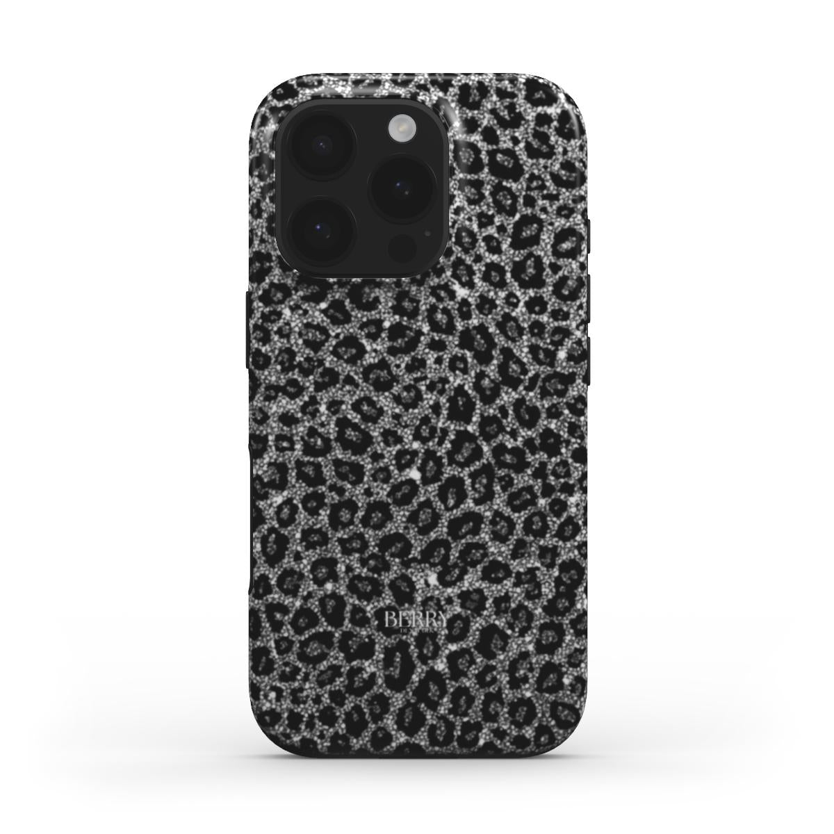 Trendy feminine phone case with a multi-colored crystal leopard pattern featuring sparkling silver, gray, and white tones for a beautiful and popular look.