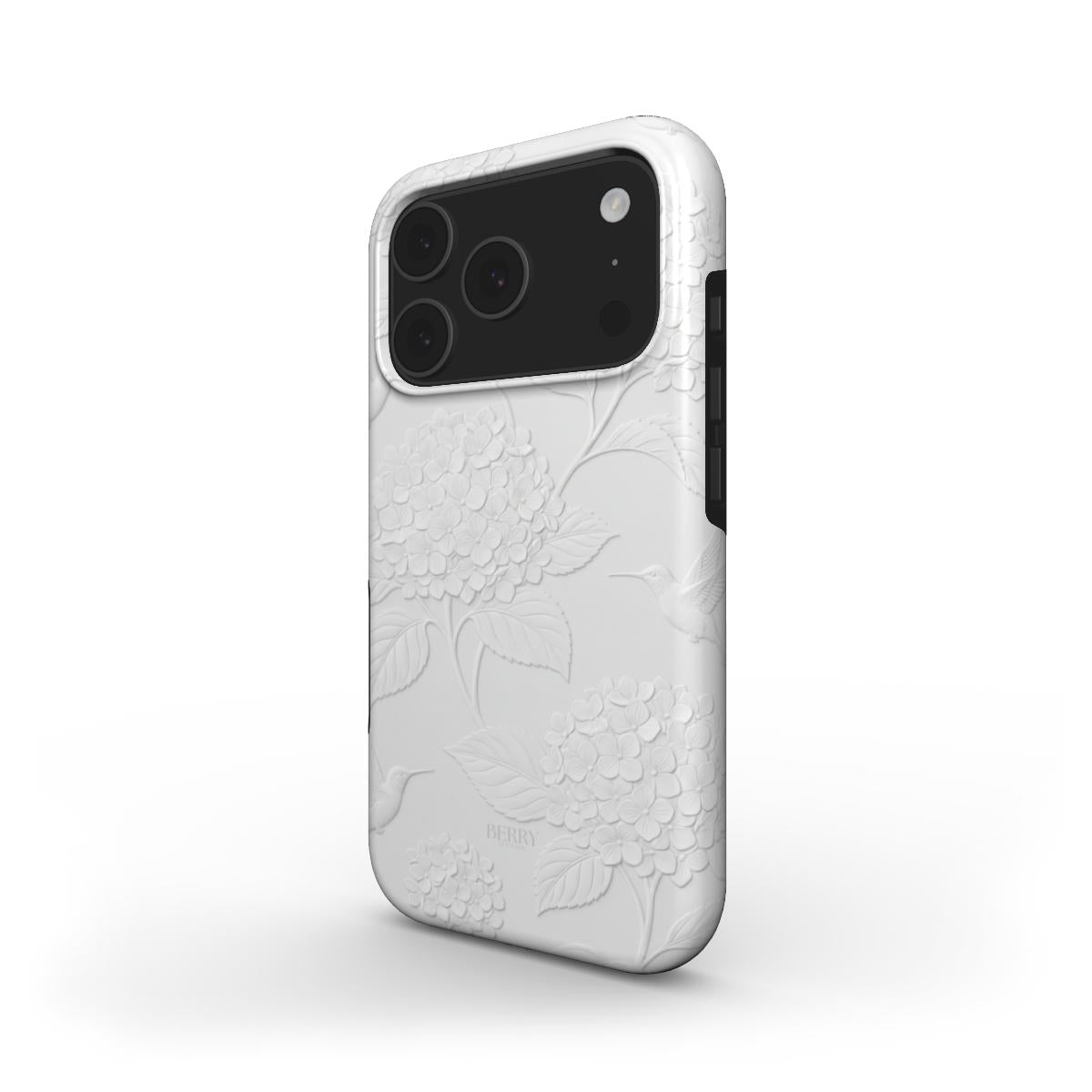 Elegant white phone case with a subtle floral pattern, combining a trendy and feminine aesthetic for a beautiful and popular accessory.