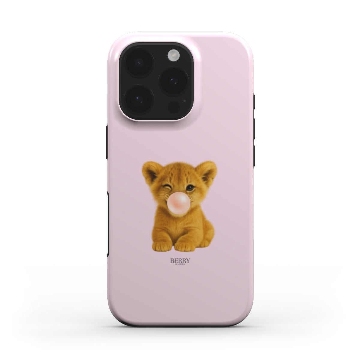 Trendy pink phone case with a girly, aesthetic design featuring a cute lion cub blowing a bubble for a feminine and popular look.