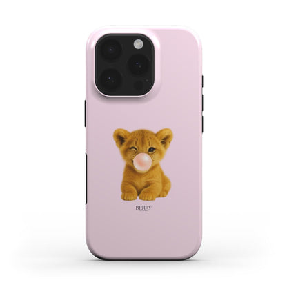 Trendy pink phone case with a girly, aesthetic design featuring a cute lion cub blowing a bubble for a feminine and popular look.