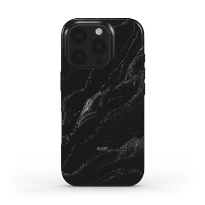 Trendy and feminine phone case with a silver swirl pattern on black, offering a beautiful and aesthetic look for that stylish, girly vibe.