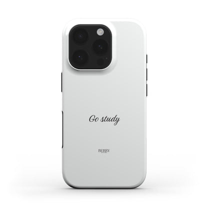 Minimalist white phone case with sleek black text "Go study" and subtle branding, featuring a trendy and feminine aesthetic.