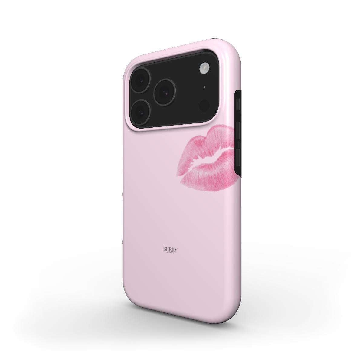 Trendy feminine phone case in soft pink with a stylish kiss print, combining aesthetic and girly charm for a beautiful, popular look.