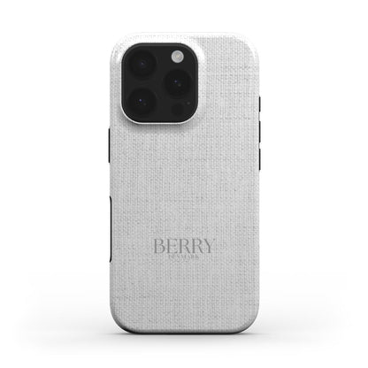 Trendy Aspen phone case in white and gray fabric pattern, offering a stylish feminine look with a sleek, elegant design by Berry Denmark.