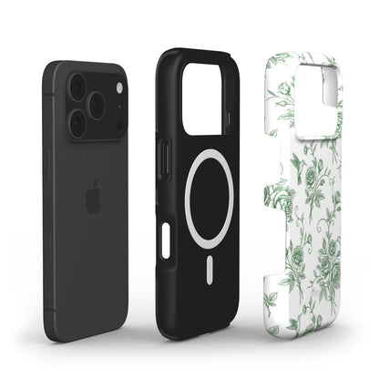 Trendy phone case in white with green floral pattern, featuring a sleek design perfect for an aesthetic, feminine, and popular stylish look.