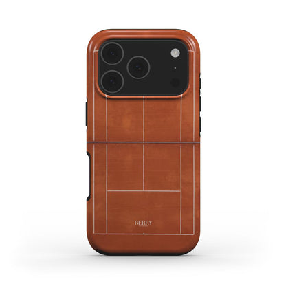 Trendy phone case with a multicolored brown and orange geometric pattern inspired by a formal tennis court design, offering a feminine and stylish look.