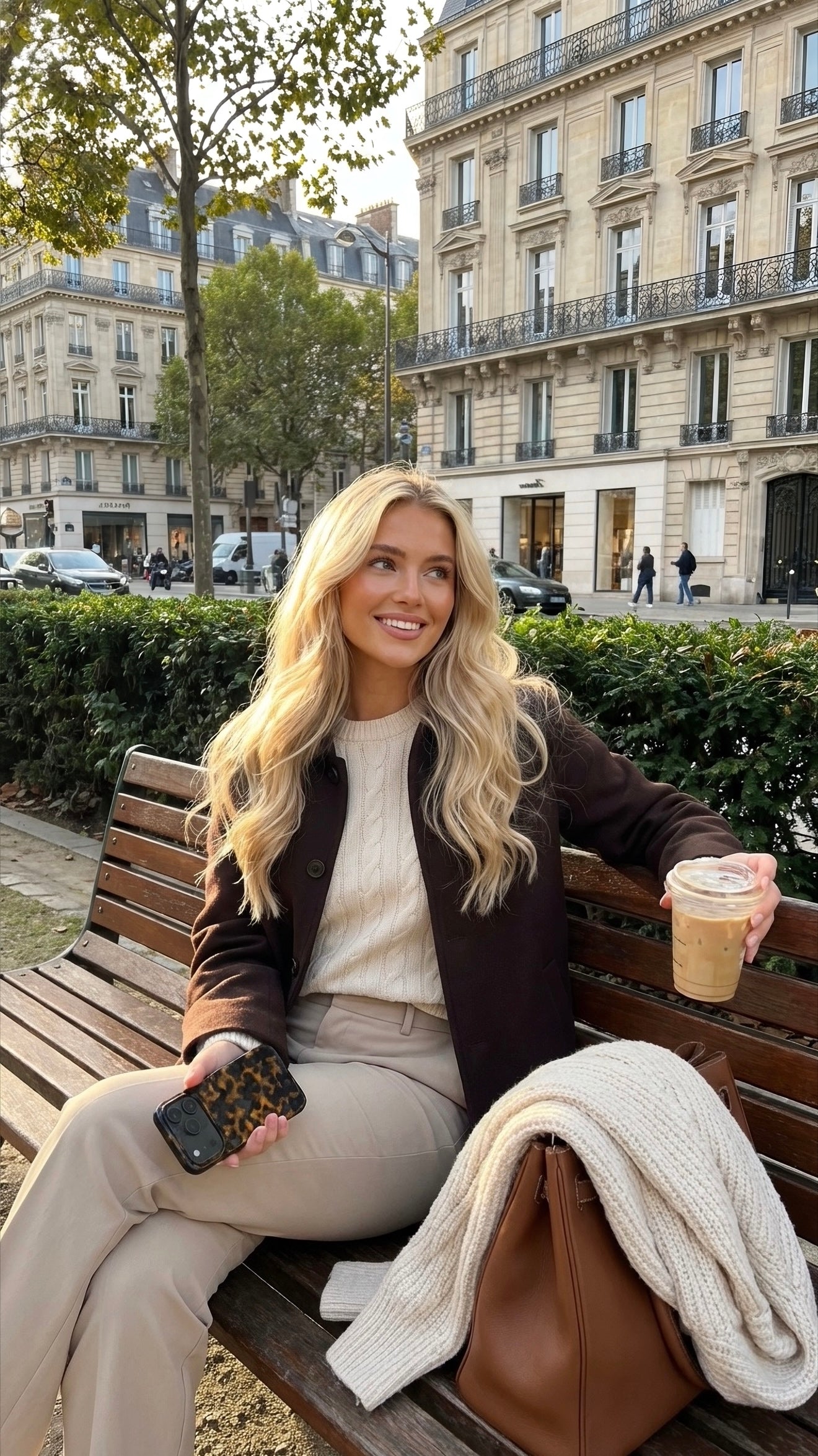 Trendy young woman sitting on a bench holding iced coffee and phone with Brun, Guld, Orange, and Flerfarvet patterned case in a stylish autumn city setting.