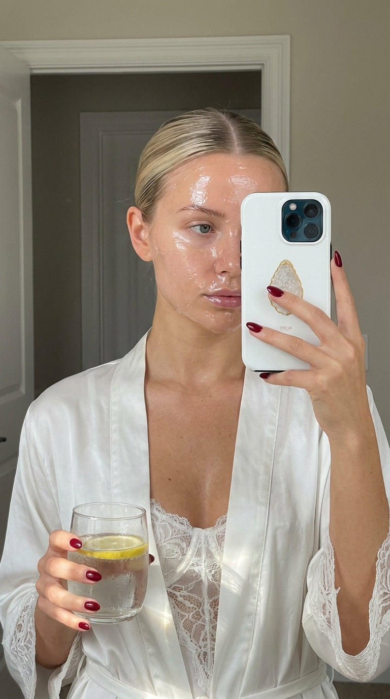 Trendy woman with glossy skin wearing white lace and robe, holding lemon water and a phone with a white, gold, and multicolor pearly phone case.