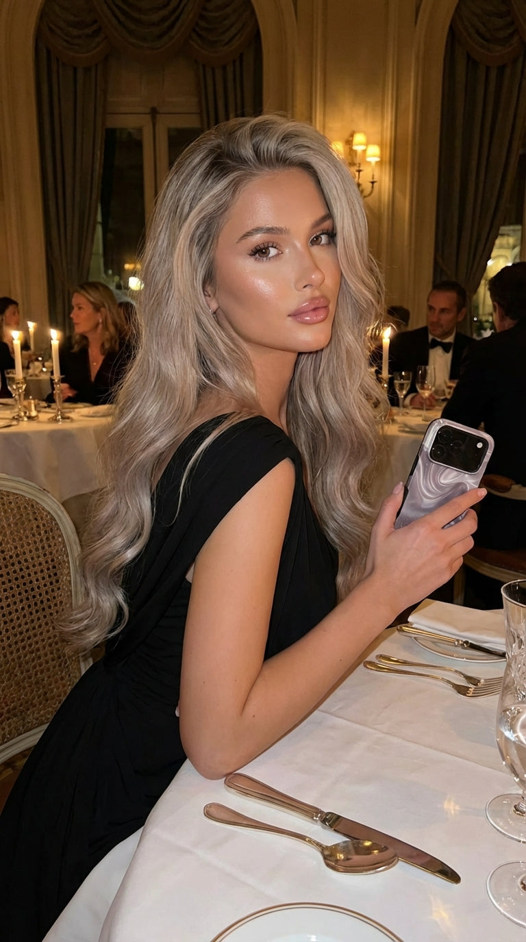 Trendy woman with long wavy hair in elegant black dress holding a phone with a pink and silver marbled case in a warm, classy dining setting.