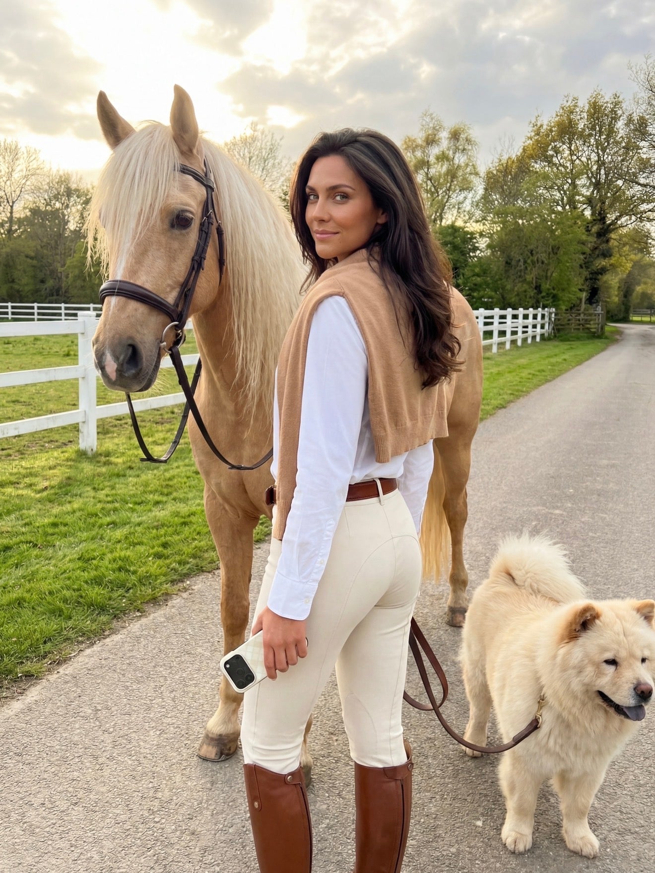 Woman with beige and white outfit holding a phone case, standing next to a beige horse and fluffy dog on a scenic path at sunset