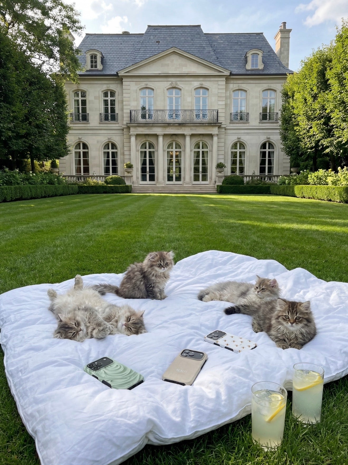 Five fluffy cats relax on a white blanket with green and multicolored stylish phone cases and refreshing lemon drinks on a lush lawn in front of a grand home.