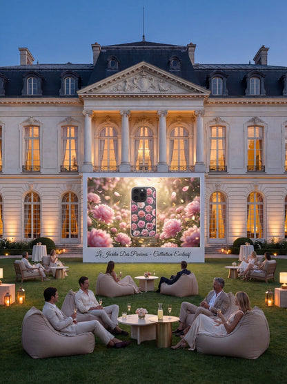 Phone case with clear pink floral pattern displayed on a large screen at an elegant outdoor evening event with stylish guests seated on bean bags.