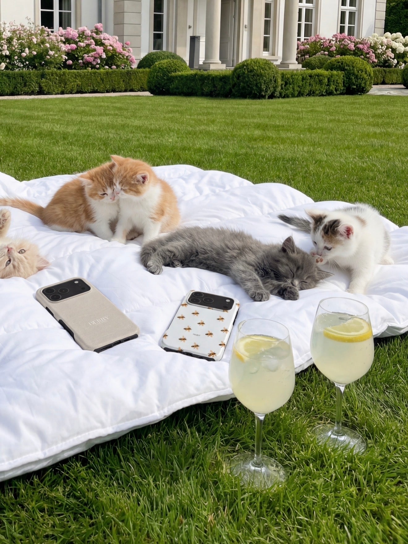 Two elegant phone cases with Hvid and Flerfarvet patterns placed on a white blanket outdoors, surrounded by playful kittens and refreshing lemon drinks.