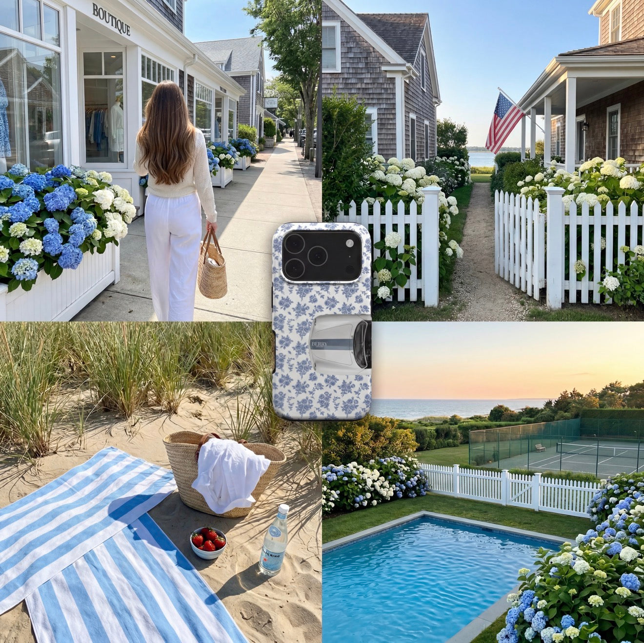 Trendy phone case with white, multicolored, and blue floral pattern shown in serene outdoor scenes including beach, garden, and cozy street with a feminine and beautiful vibe.