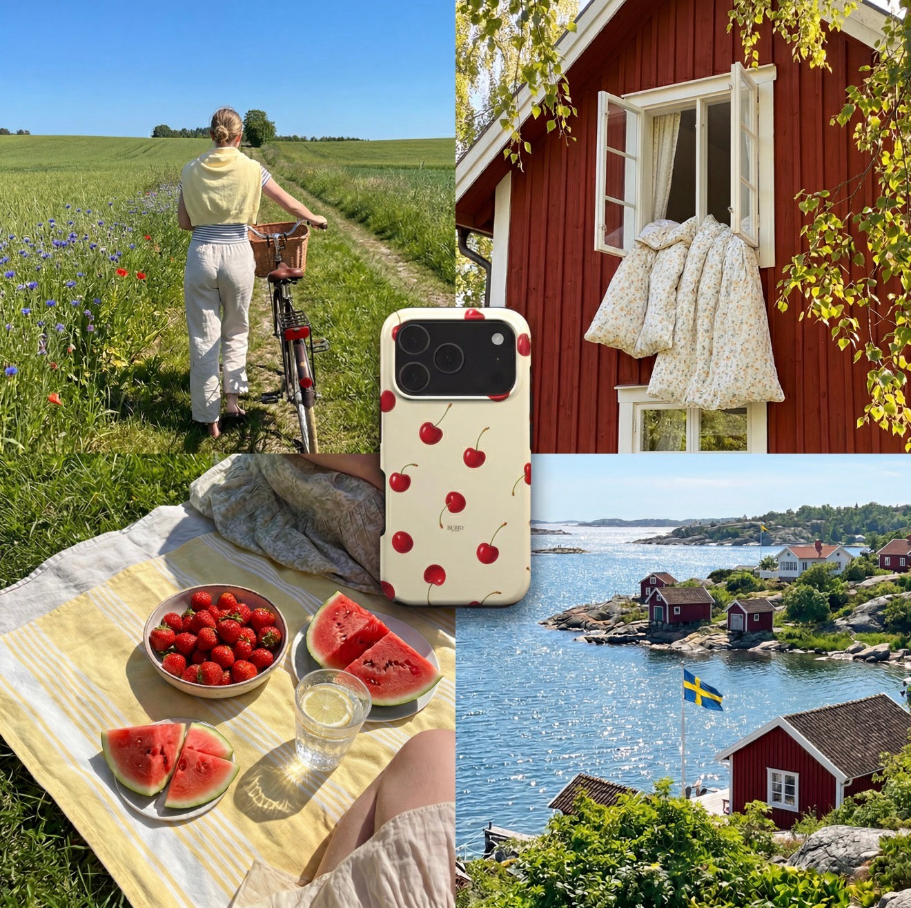 Trendy phone case with red cherry pattern against a backdrop of sunny countryside, picnic with watermelon and strawberries, and a charming red house by the water.