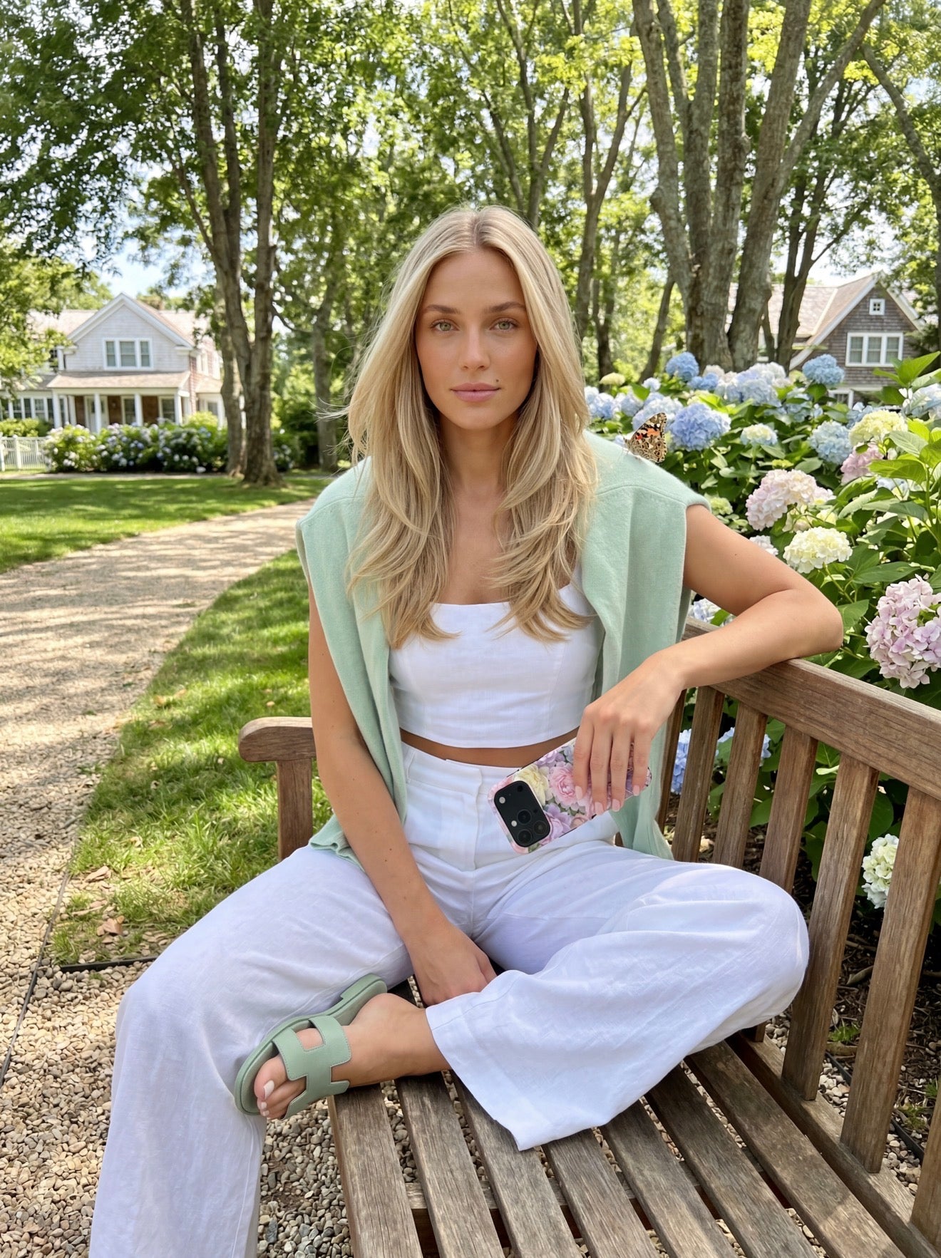 Berry Denmark Pastel Spring pastel floral rose iPhone case woman sitting on park bench in summer garden