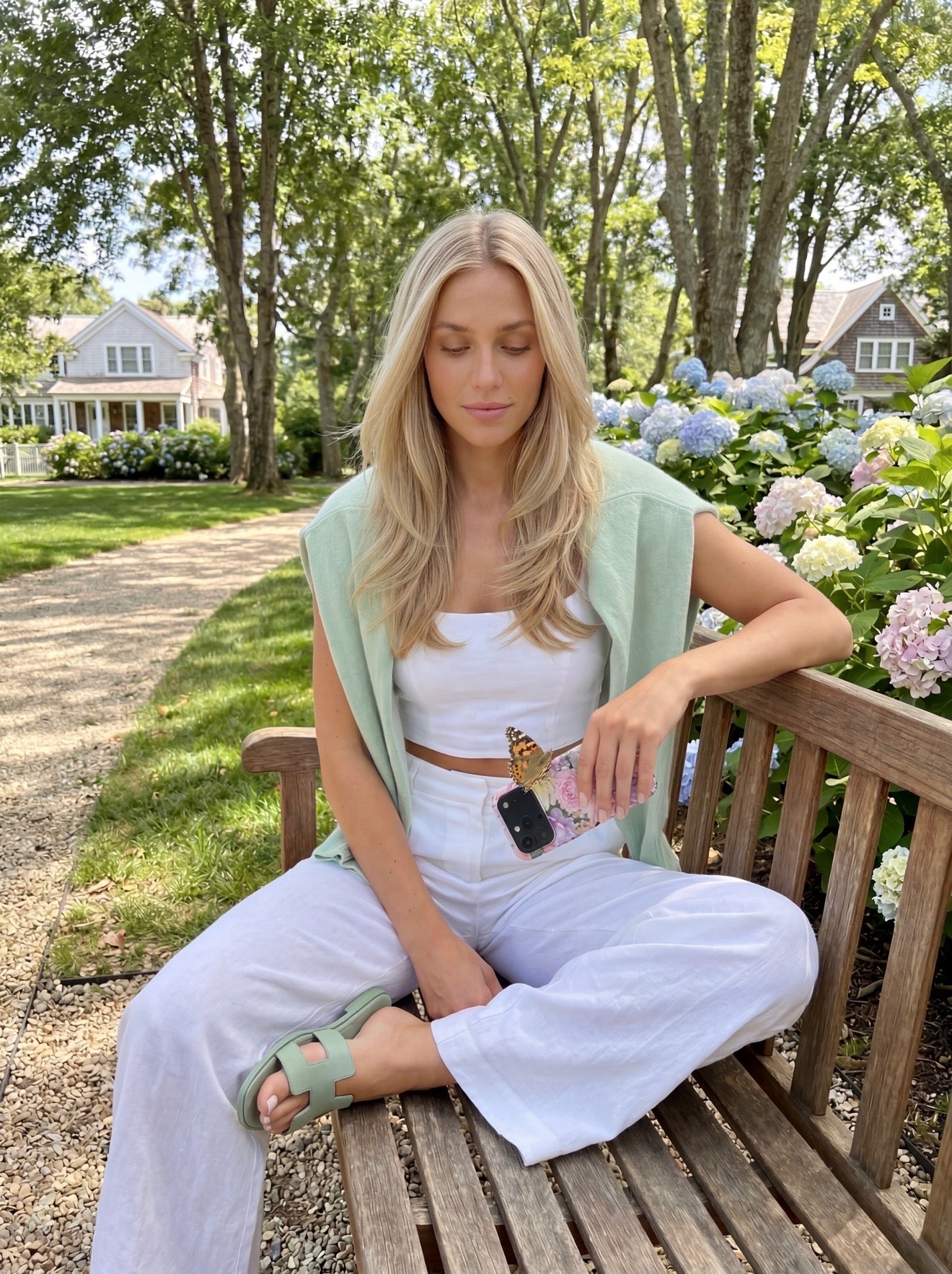 Berry Denmark Pastel Spring pastel floral rose iPhone case woman in blue dress sitting on wooden bench in park