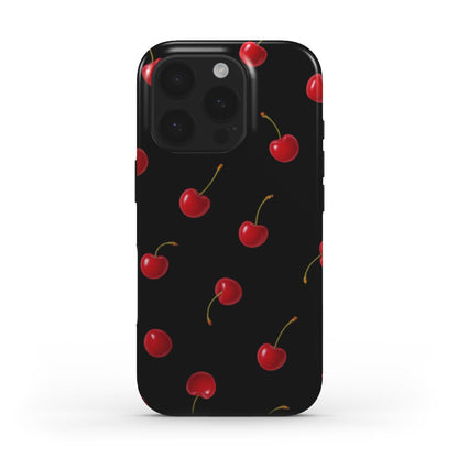Trendy phone case with a feminine, girly cherry pattern in red and black, featuring a stylish and beautiful aesthetic perfect for that girl vibe.