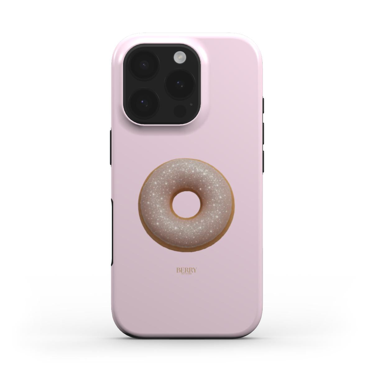 Trendy feminine phone case in soft pink with a beige and glittery donut design, capturing a girly and beautiful aesthetic for that girl vibe.