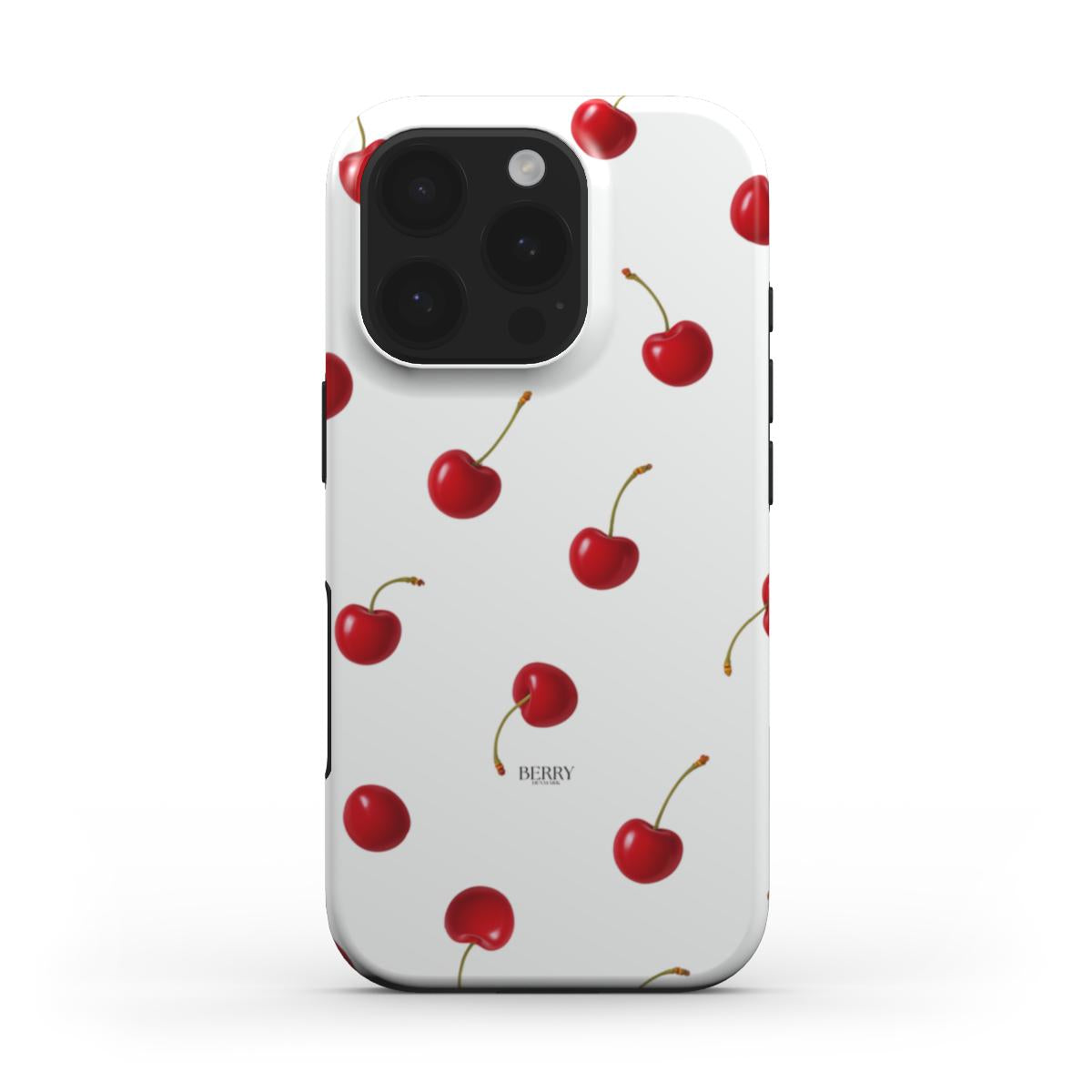 Trendy phone case featuring a playful red and white multicolored cherry pattern, perfect for a feminine and beautiful look.