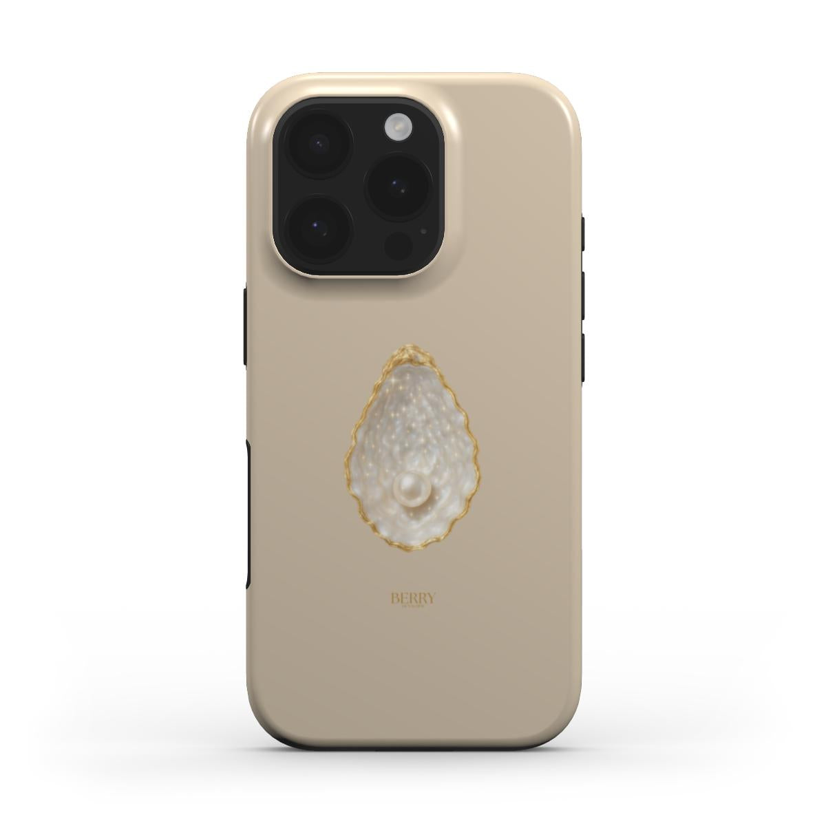 Beige phone case featuring a trendy pearly design with gold accents for a feminine and stylish look.