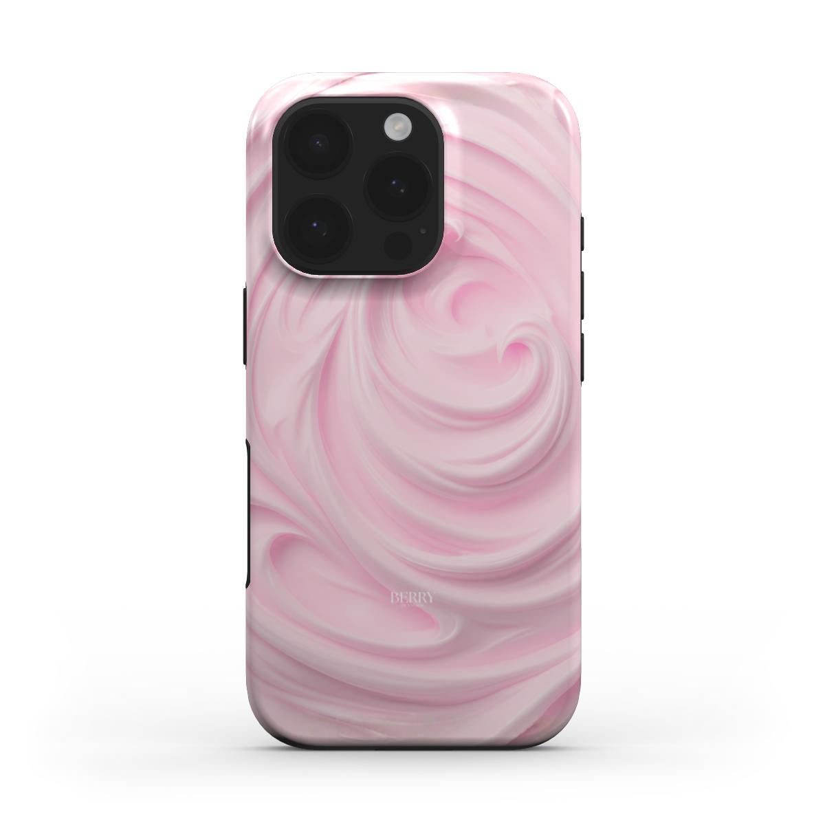 Trendy phone case with a creamy pink and flerfarvet swirl pattern, featuring a feminine and aesthetic girly design.