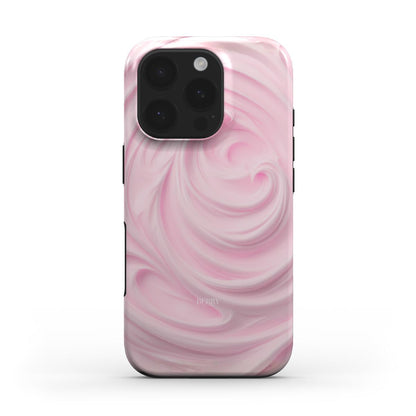 Trendy phone case with a creamy pink and flerfarvet swirl pattern, featuring a feminine and aesthetic girly design.
