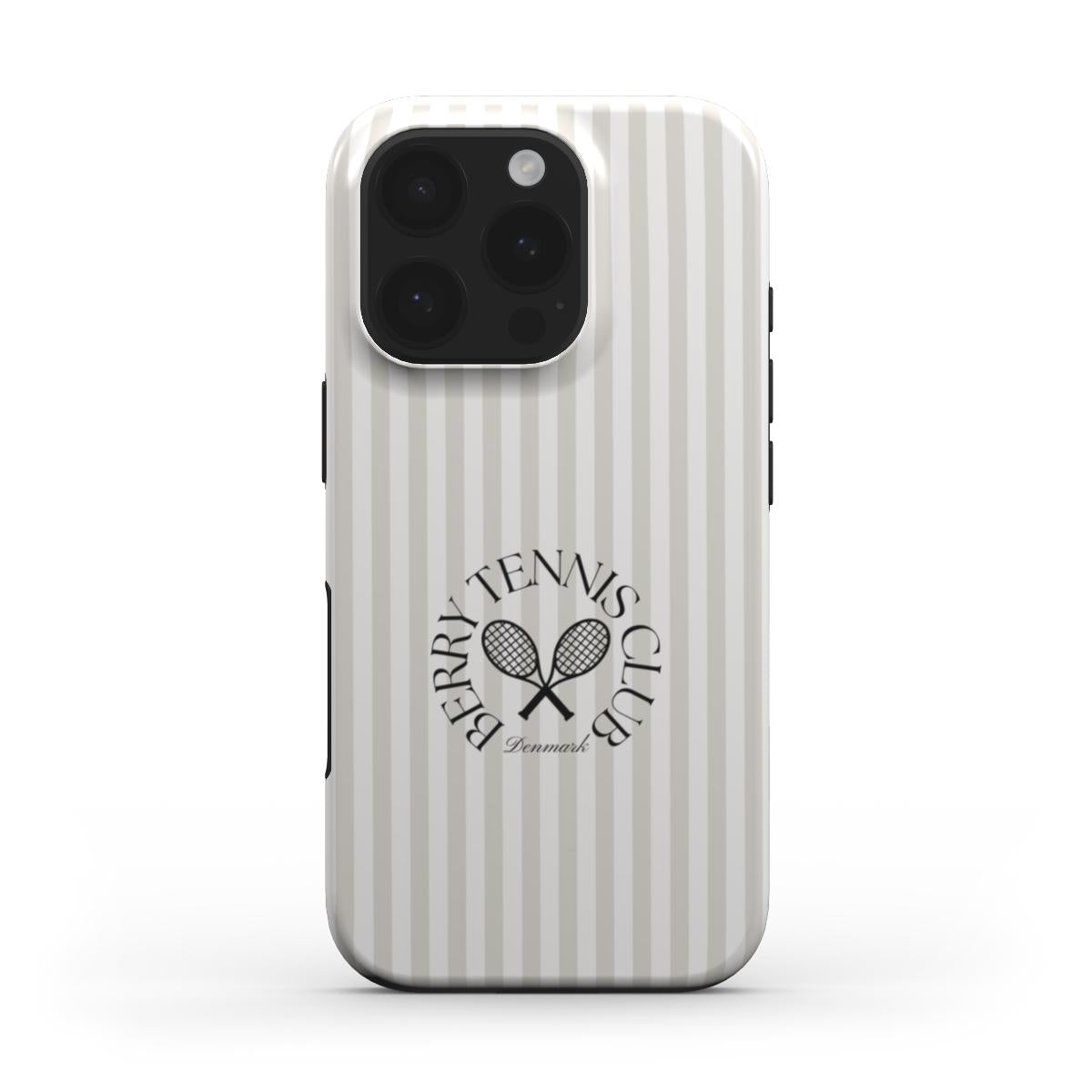 Trendy feminine phone case with beige and white stripes featuring a chic crossed tennis rackets design for a stylish and girly look.