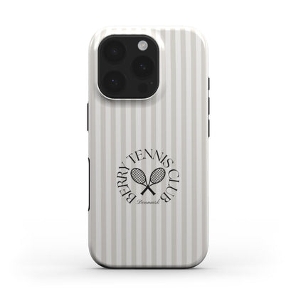 Trendy feminine phone case with beige and white stripes featuring a chic crossed tennis rackets design for a stylish and girly look.