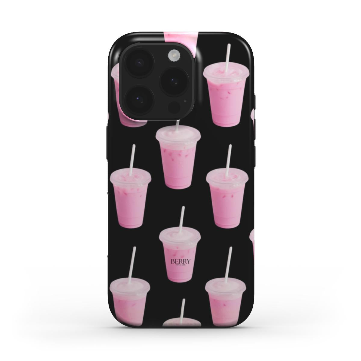 Trendy phone case with a feminine pink, flerfarvet, and sort pattern featuring repeated stylish pink drink cups for a girly and beautiful aesthetic.
