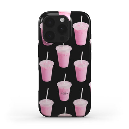 Trendy phone case with a feminine pink, flerfarvet, and sort pattern featuring repeated stylish pink drink cups for a girly and beautiful aesthetic.