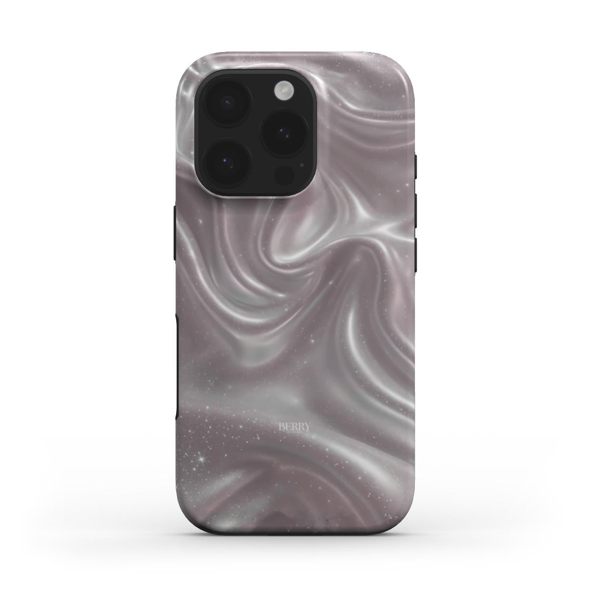 Trendy and feminine phone case with a dreamy, fluid pink, grey, silver, and multicolored pattern, perfect for a stylish and girly aesthetic.