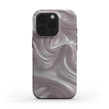 Trendy and feminine phone case with a dreamy, fluid pink, grey, silver, and multicolored pattern, perfect for a stylish and girly aesthetic.