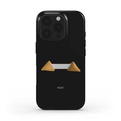 Black phone case with a trendy design featuring beige and gold geometric shapes, combining a feminine and popular aesthetic with a sleek, modern look.