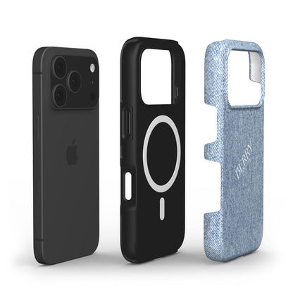 Trendy feminine phone case in blue denim pattern with sleek black inner layer, designed for a popular girly aesthetic and stylish phone protection.