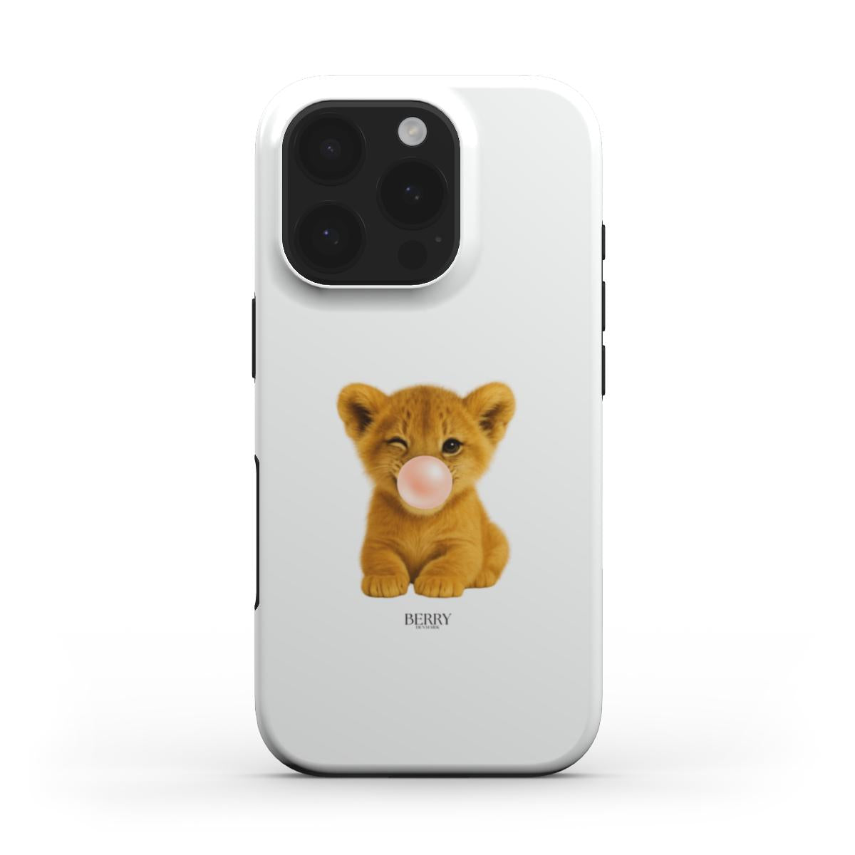 Trendy white phone case with a cute, winking lion cub blowing a bubble, combining feminine charm with a popular, aesthetic, and playful design style.