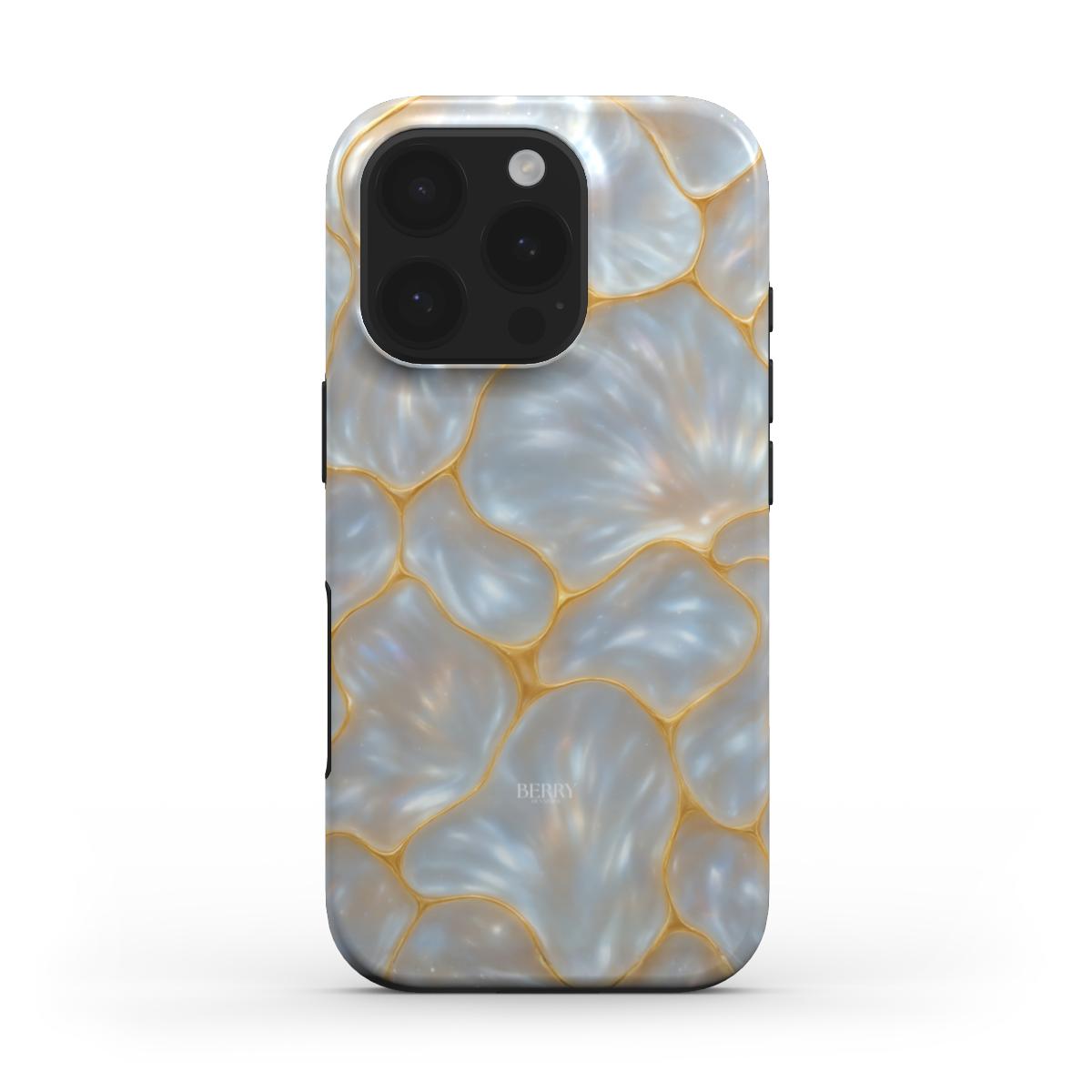 Trendy feminine phone case with gray, silver, and gold multicolor pattern featuring elegant organic shapes and a shiny, aesthetic design.