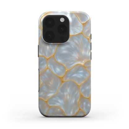 Trendy feminine phone case with gray, silver, and gold multicolor pattern featuring elegant organic shapes and a shiny, aesthetic design.