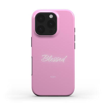Pink phone case with elegant "Blessed" script, featuring a trendy feminine design perfect for a stylish, girly aesthetic phone accessory.