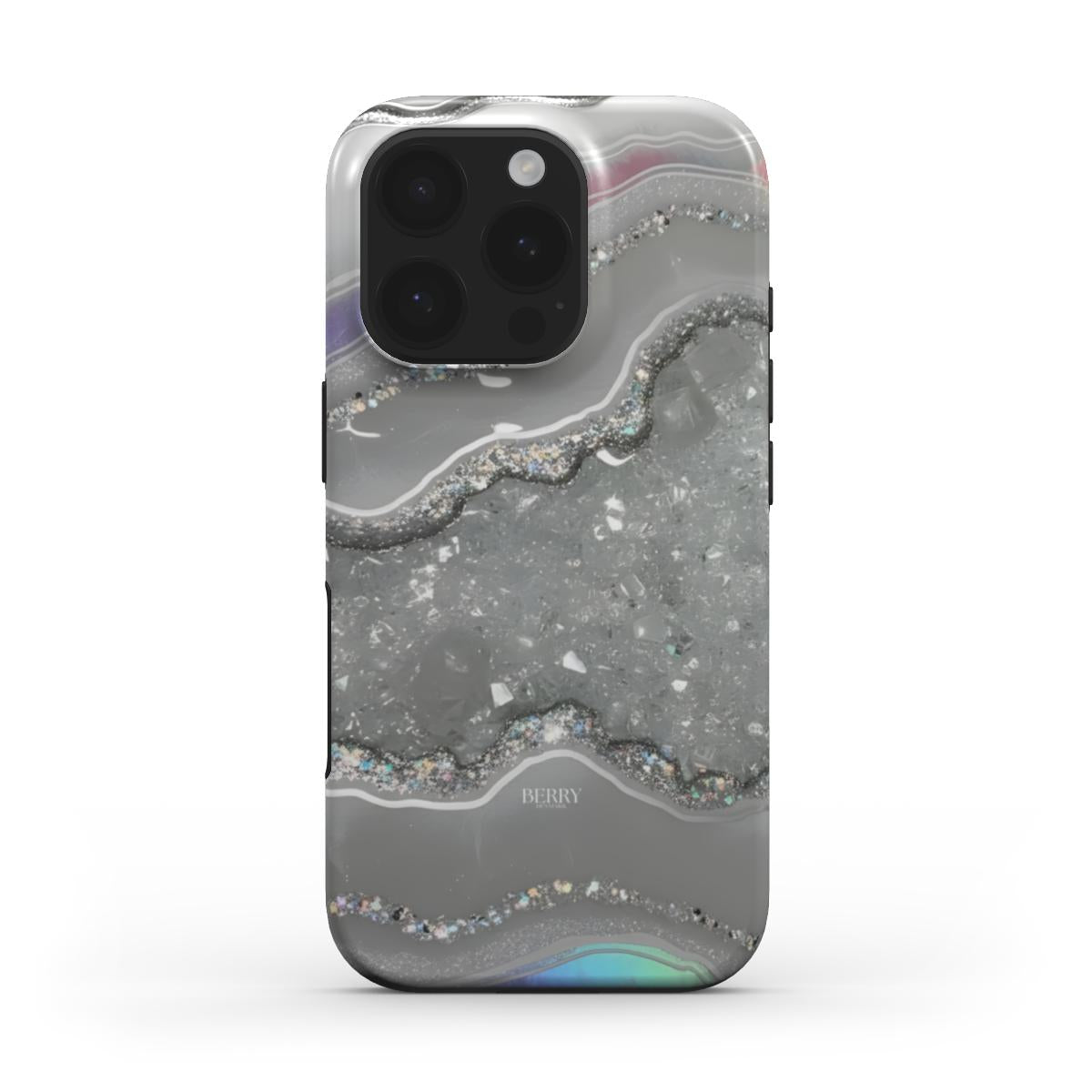 Trendy phone case featuring a silver marble quartz design with sølv, gray, and multicolored accents for a stylish and feminine look.