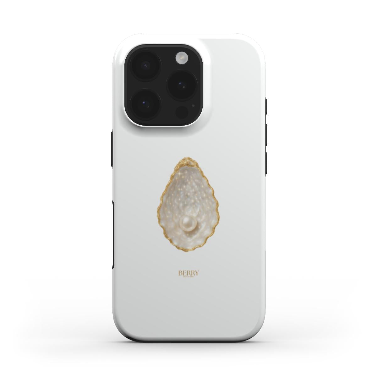 White phone case with a stylish pearly design in gold and multicolored accents, offering a trendy and feminine phone accessory look.